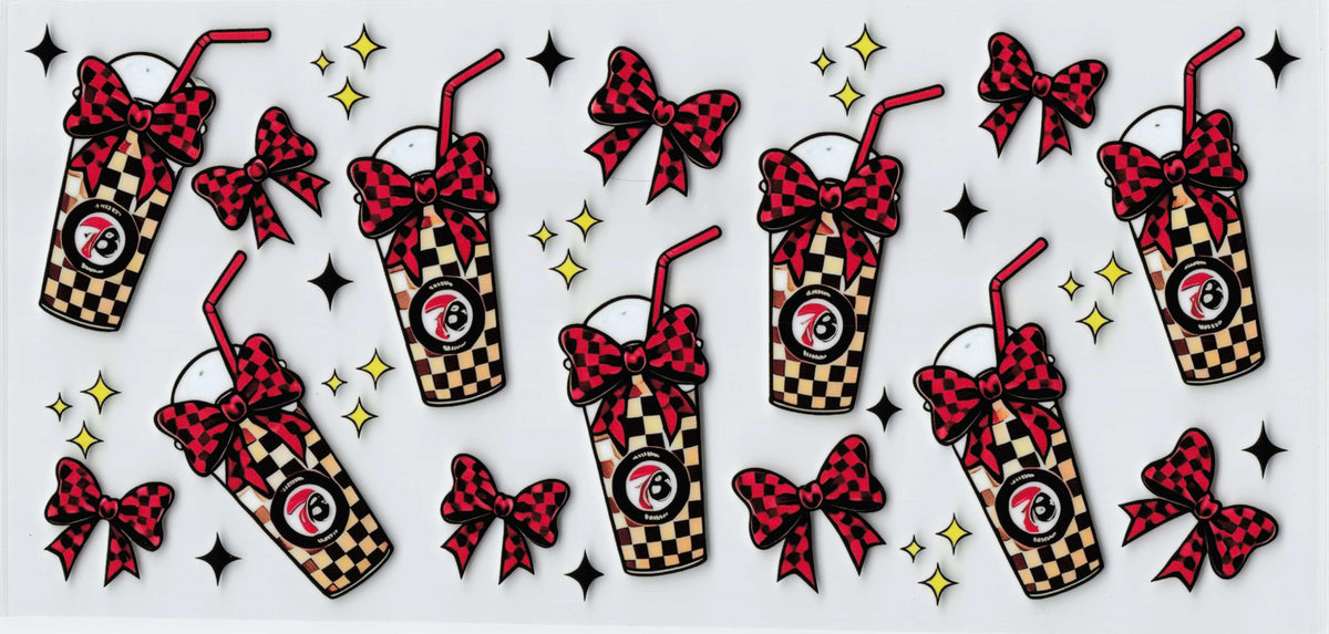 A repeating pattern of checkered drink cups with red-and-black checkered bows, red straws, and 7Brew logos, plus scattered red-and-black bows and yellow star accents