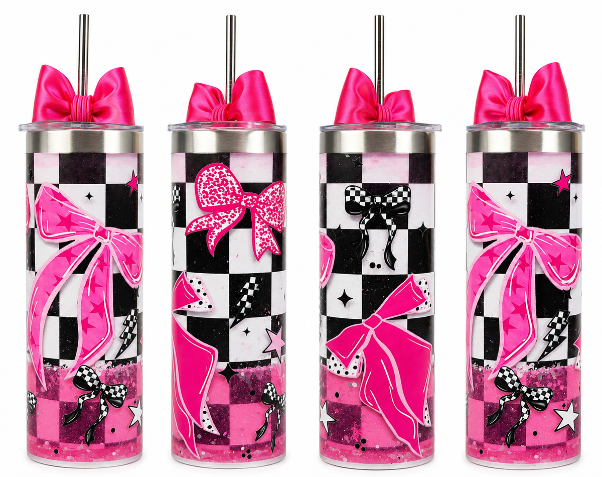 Pink Bow 20 oz Stainless Steel Snow Globe Tumbler / Ready To Ship #30