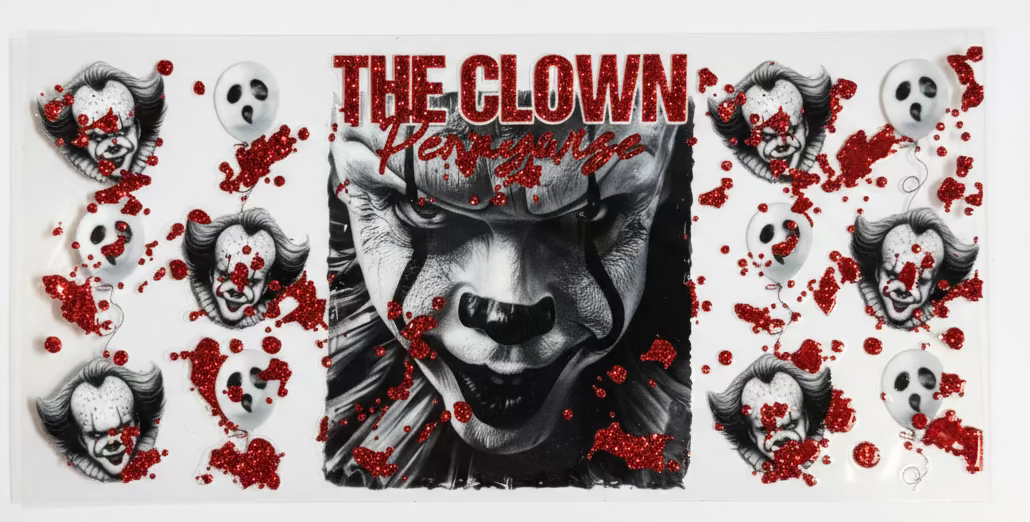 Pennywise clown face with blood splatters and the text 'THE CLOWN' above it, surrounded by smaller clown and skull