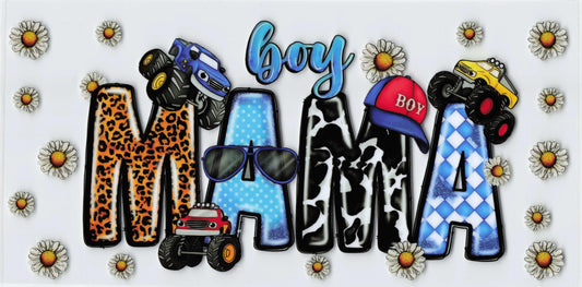 Tumbler Wrap saying 'boy MAMA ' with playful vehicle and flower designs. The letters feature leopard print, blue polka dots, black-and-white cow print, red and blue argyle, and cartoon monster truck graphics, surrounded by white daisy flowers 