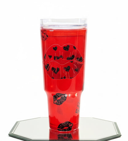 Lips & Lips, red cat eye style with lipstick and lip shaped glitter, 30 oz with handle / Ready To Ship #7