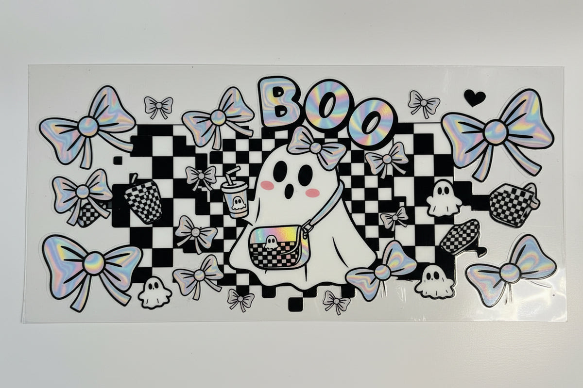  holographic, Halloween theme with the word BOO, a ghost holding small tumbler, black and white checkered patterns, bows, and small ghost 