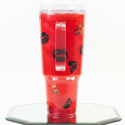 Lips & Lips, red cat eye style with lipstick and lip shaped glitter, 30 oz with handle / Ready To Ship #7