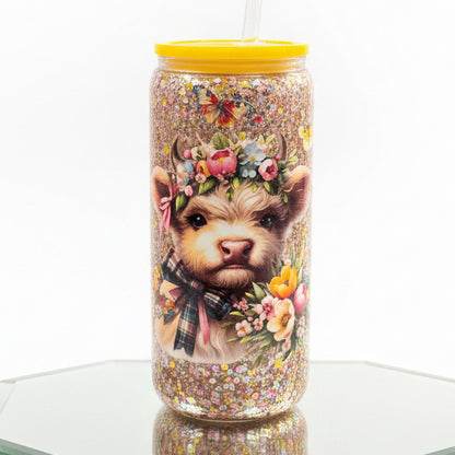 Spring Highland Cow 20 oz. GLASS with handle / Ready To Ship #13