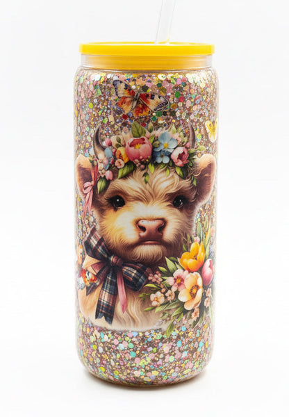 Spring Highland Cow 20 oz. GLASS with handle / Ready To Ship #13