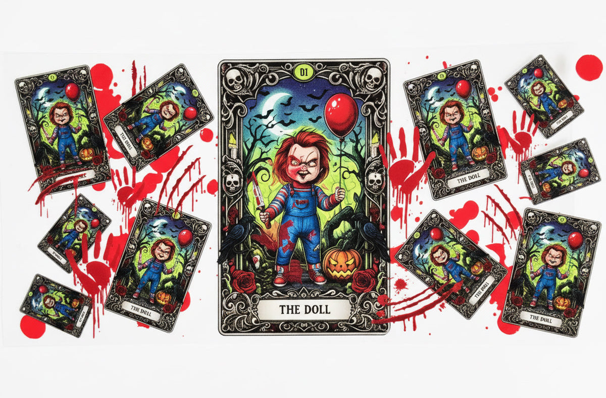  Chucky 'The Doll' tarot cards, blood splatters, and handprints