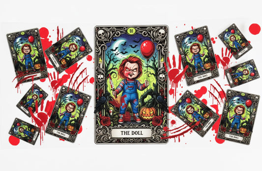  Chucky 'The Doll' tarot cards, blood splatters, and handprints