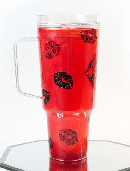 Lips & Lips, red cat eye style with lipstick and lip shaped glitter, 30 oz with handle / Ready To Ship #7
