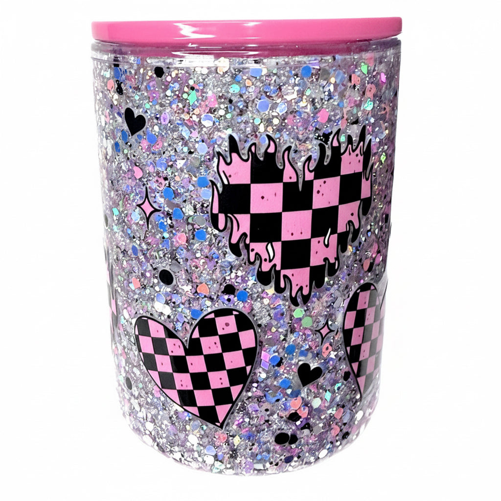 Black/Pink checkered heart Snow Globe Acrylic Tumbler with handle  17oz / Ready To Ship #17