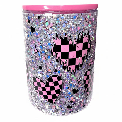 Black/Pink checkered heart Snow Globe Acrylic Tumbler with handle  17oz / Ready To Ship #17
