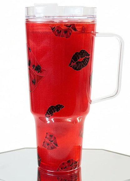 Lips & Lips, red cat eye style with lipstick and lip shaped glitter, 30 oz with handle / Ready To Ship #7