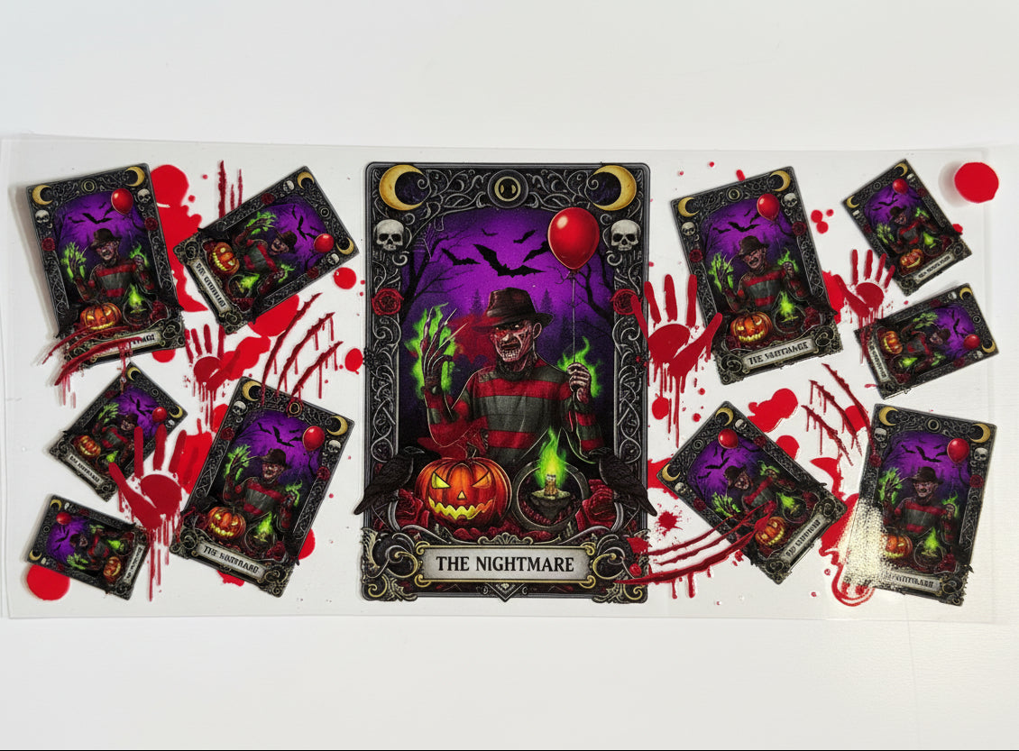 'The Nightmare' card i n the center, surrounded by smaller spooky cards and red blood splatter details