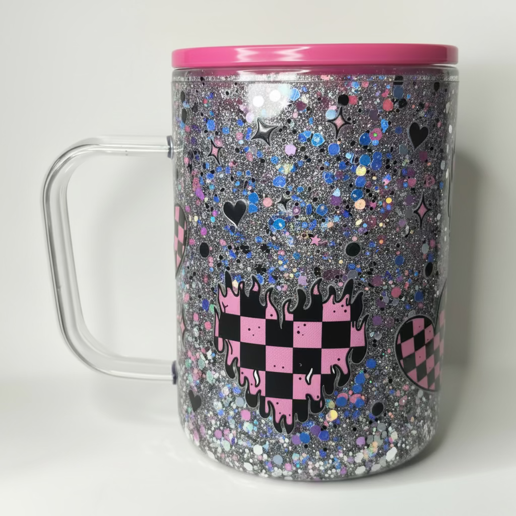 Black/Pink checkered heart Snow Globe Acrylic Tumbler with handle  17oz / Ready To Ship #17