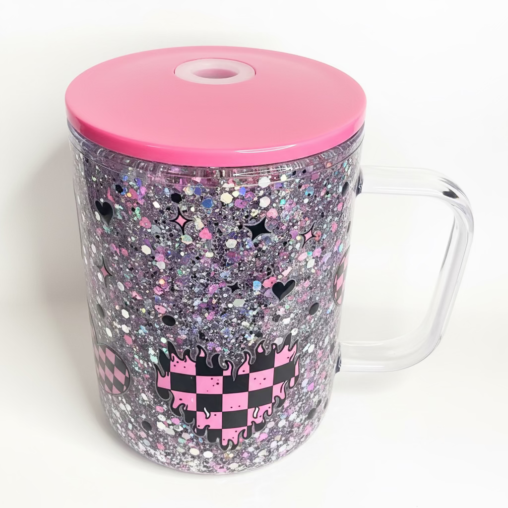 Black/Pink checkered heart Snow Globe Acrylic Tumbler with handle  17oz / Ready To Ship #17