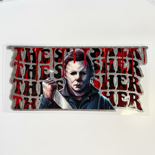  Michael Myers with the phrase 'THE SLASHER' in dripping red letters, on silver glitter background