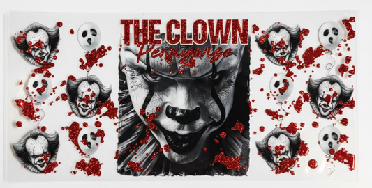 Pennywise clown face with blood splatters and the text 'THE CLOWN' above it, surrounded by smaller clown and skull